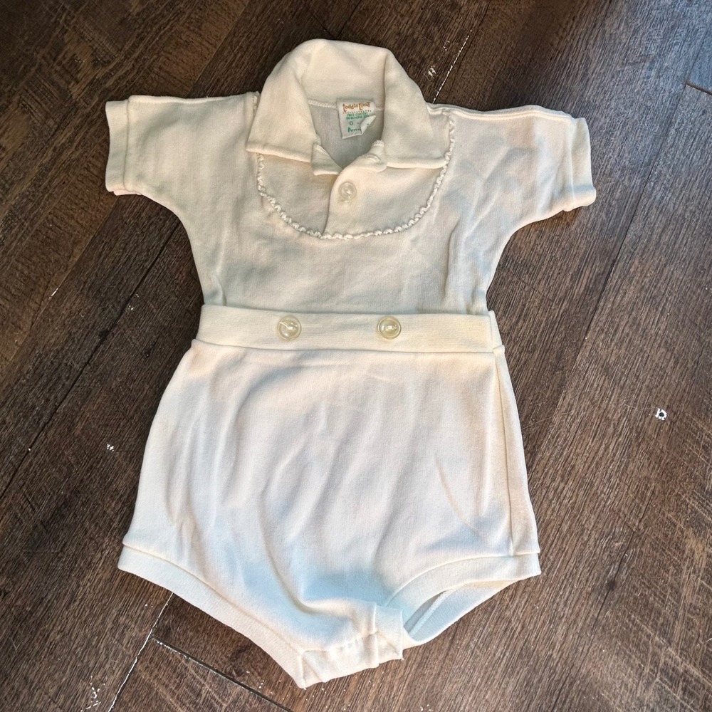 Vintage Toddle Time Penneys Baby Romper Ivory Stretch Nylon Snap Bottom 0-1